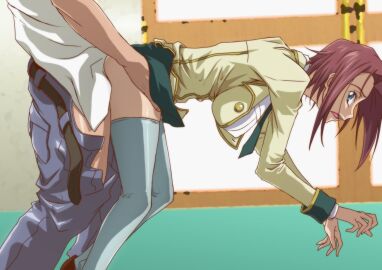 breasts censored clothed_female clothed_sex code_geass female kallen_stadtfeld kyabakurabakufu large_breasts pants_down red_hair school_uniform sex sex_from_behind short_hair unzipped_pants