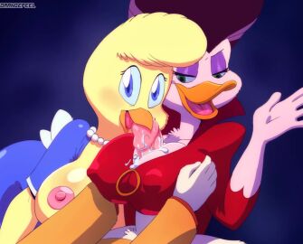1boy 2girls anatid animated anthro apron avian beak big_breasts binkie_muddlefoot bird blue_eyes breast_focus breast_hold breast_squeeze breasts clothed clothing covered_erect_nipples covered_nipples darkwing_duck disney duck eyelashes eyeshadow female furry furry_only green_eyes hi_res huge_breasts large_breasts licking licking_penis male morgana_macawber negaduck nipples no_humans open_mouth orange-peel paizuri paizuri_under_clothes penis post-orgasm_paizufella tagme teamwork titfuck_under_clothes titjob video wardrobe_malfunction