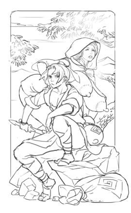 1girls 69_(artist) bag big_areola big_breasts boulder breasts casual_exposure female hood huge_breasts jar large_breasts male mature_female rocks sagging_breasts sitting sketch sword tree trees weapon younger_male