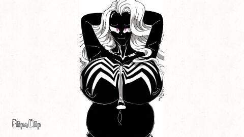 animated big_belly big_breasts big_smile big_thighs blush breasts cute_smile female long_tongue marvel marvel_comics purple_eyes revealing_nipples symbiote venom_(marvel) white_hair