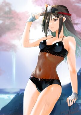 1girls black_one-piece_swimsuit breasts brown_eyes casual_one-piece_swimsuit covered_navel criss-cross_back-straps dated female female_only fingerless_gloves fishnet_swimsuit gloves hair_between_eyes hat highres long_hair morag_ladair_(obligatory_leave) morag_ladair_(xenoblade) nayuta-kanata official_alternate_costume one-piece_bikini one-piece_swimsuit open_mouth pointy_chin see-through see-through_headwear see-through_one-piece_swimsuit simple_background small_breasts smile solo swimsuit visor_cap wet white_gloves xenoblade_(series) xenoblade_chronicles_2
