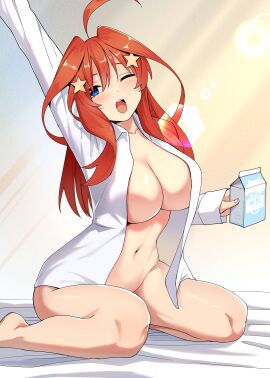 ahoge ass_visible_through_thighs bare_belly bare_legs bare_thighs barefoot belly_button big_breasts blue_eyes blush bottomless breasts cleavage collarbone feet_out_of_frame female go-toubun_no_hanayome hair_ornament kosmos_beta long_hair milk nakano_itsuki naked_shirt no_bra no_panties one_eye_closed open_mouth open_shirt red_hair shiny_skin shirt shirt_only thighs white_shirt yawn