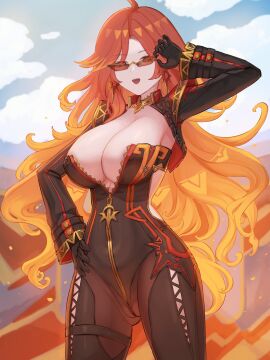 belly_button_visible_through_clothing big_breasts bodysuit breasts clouds cowboy_shot female female_only genshin_impact gloves hand_on_hip hmo massive_breasts mavuika_(genshin_impact) orange_hair red_eyes riinnmo standing sunglasses tagme zipper