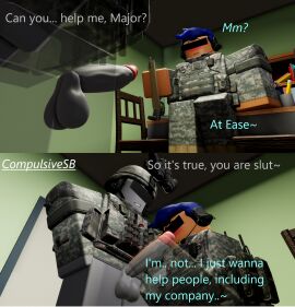 2boys 3d admiring_penis artist_name blush blushing_male clipboard compulsivesb dialogue gay holding_penis kneeling male male_only military military_clothing military_helmet military_uniform on_knee on_knees penis roblox roblox_avatar robloxian self_upload sitting_on_desk smile smiley_face tagme talking talking_to_another talking_to_partner transparent transparent_body transparent_clothing