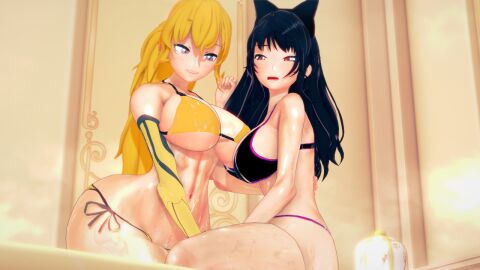 2girls bikini bikini_bottom bikini_top black-haired_female black_hair blake_belladonna blonde_female blonde_hair bow canon_couple female multiple_females multiple_girls purple_eyes robotic_arm rwby stormstriker wet_body yang_xiao_long yellow_eyes