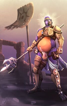 absurd_res armor avian bird bluebird bulge confident_male eastern_bluebird genitals hi_res imminent_rape imminent_sex jaeger_wunderkind magic_user male male_only mature_male melee_weapon neptune_mereaux no_humans non-human non-human_only oscine passerine penis polearm solo thrush_(bird) trident unconvincing_armor weapon