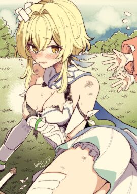 2girls bandaid bandaid_on_head blonde_hair blush crossed_bandaids defeated defeated_heroine detached_sleeves dress feathers female female_only flower genshin_impact hair_between_eyes hair_flower hair_ornament highres lumine_(genshin_impact) multiple_females multiple_girls paimon_(genshin_impact) scarf short_hair_with_long_locks signature suutrustrust torn_clothes white_dress white_flower white_scarf yellow_eyes