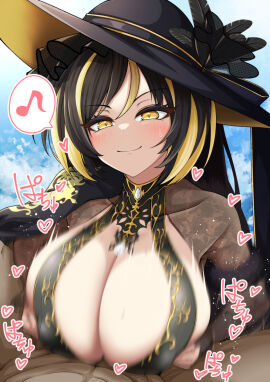 1boy 1girls amadea_wolfa black_hair blonde_hair blush breasts clothed_female_nude_male dolphin_wave female hat heart huge_breasts kurarika light-skinned_female light-skinned_male light_skin male marvelous outdoors paizuri sky smile spoken_musical_note two-tone_hair yellow_eyes