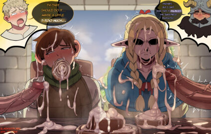 2boys blackwhiplash bwl chilchuck_tims cum cum_everywhere cum_on_face dungeon_meshi female male marcille_donato tagme