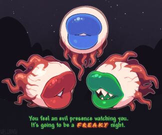 ambiguous_gender big_lips big_lips_no_eyes blue_lips closed_mouth digital_drawing digital_media english_text eye_creature eye_of_cthulhu eye_of_freakthulhu eyeball_monster fraternal_twins green_lips group hyper_lips implied_foursome lips meme mouth_eye night night_sky open_mouth plump_lips red_lips retinazer signature sky spazmatism starry_sky stars teeth teeth_showing terraria text the_twins_(terraria) thick_lips trio welwraith