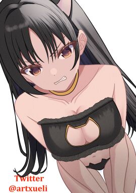 1girls absurdres angry animal_ears bare_shoulders bend black_bra black_hair black_panties bra breasts cat_ears cat_lingerie center_opening choker classroom_of_the_elite cleavage close-up collarbone female highres horikita_suzune lingerie long_hair looking_at_viewer medium_breasts navel panties red_eyes simple_background solo teeth thighs twitter_username underwear white_background xueli_shimazaki yellow_choker youkoso_jitsuryoku_shijou_shugi_no_kyoushitsu_e
