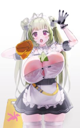 :o against_fourth_wall against_glass antenna_hair apron ascot barcode black_dress black_gloves black_ribbon blunt_bangs blush breast_press breasts breasts_on_glass button_gap chest_strap cleaning cleavage cloth cowboy_shot detached_collar double_bun dress female fourth_wall frilled_apron frills gloves goddess_of_victory:_nikke green_ascot green_hair hair_bun hair_ornament hair_ribbon hairclip hand_on_glass heart_antenna_hair highres holding holding_cloth huge_breasts long_hair looking_at_viewer lukapia maid maid_apron maid_headdress open_mouth purple_eyes ribbon short_dress simple_background skindentation sleeveless soda_(nikke) solo standing sweat teeth thighhighs twintails upper_teeth wet_floor_sign white_apron white_background white_thighhighs wiping zettai_ryouiki