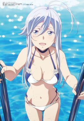 86_-eightysix- ahoge bare_arms bare_belly bare_legs bare_shoulders bare_thighs belly_button bikini blue_eyes bow bow_bikini breasts choker cleavage collarbone female long_hair megami_magazine navel official_art open_mouth pool pool_ladder sidelocks silver_hair smile standing swimming_pool swimsuit thighs vladilena_millize wet_body white_bikini