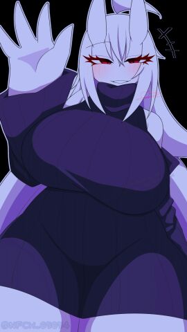 1girls 2025 big_breasts black_background breasts clothed clothing female female_only haku_(nfch_05054) hi_res horns huge_breasts nfch_05054 oc original original_character red_eyes simple_background smile solo thick_thighs thighs white_body white_hair