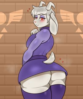 5_fingers absurd_res anthro antlers asriel_dreemurr ass bedroom_eyes big_ass big_butt blush blush_lines bodily_fluids body_blush boobs bottomwear bovid brick_wall butt_blush butt_pose caprine cel_shading clothed clothing crossdressing curvy_figure cute_fangs delta_rune_(emblem) deltarune eyebrow_through_hair eyebrows eyeshadow femboy femboy_asriel feminine fingers floppy_ears glistening glistening_body glistening_clothing goat hair hand_on_chest heart_eyes heart_symbol hi_res horn huge_ass huge_butt huge_hips huge_thighs johnmarten leggings legwear long_ears looking_at_viewer looking_back looking_back_at_viewer makeup male male_only mammal miniskirt musk narrowed_eyes pink_nose portrait pose purple_clothing red_eyes seductive shaded short_tail skirt smile solo sweat sweater sweaty_ass sweaty_butt symbol tagme tail thick_thighs thigh_highs three-quarter_portrait topwear translucent translucent_hair undertale undertale_(series) upskirt voluptuous wall_(structure) white_body white_hair wide_hips