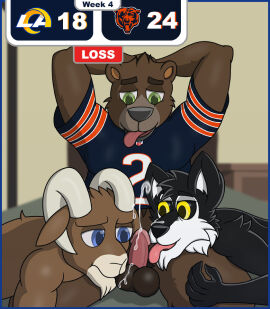 5_fingers anthro balls balls_bite bear bed black_body black_fur black_nose black_sclera blue_eyes bodily_fluids bottomless bottomless_anthro bottomless_male bovid brown_body brown_fur canid canine canis caprine chicago_bears clothed clothing collaborative collaborative_fellatio collaborative_sex cum cum_on_balls cum_on_face cumshot darkened_balls darkened_genitalia domestic_dog ejaculation english_text erection facial_hair fellatio fingers football_jersey fur furniture genital_fluids genitals glans goatee green_eyes group group_sex hands_behind_head horn humanoid_genitalia humanoid_penis husky jersey licking los_angeles_rams lying male male/male mammal nfl nordic_sled_dog nude nude_anthro nude_male number number_on_clothing on_front oral overweight overweight_anthro overweight_male penile penis penis_lick pink_glans pink_penis pink_tongue pubes rampage_(los_angeles_rams) realistic_penis_size sex sheep sitting smile spitz text thehuskyk9 thehuskyk9_(artist) threesome tongue tongue_out trio white_body white_fur yellow_eyes