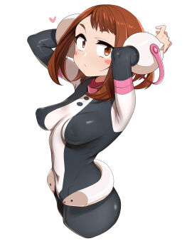 1girls arms_up bodysuit brown-haired_female brown_eyes brown_hair dressed female female_focus female_human female_only georugu13 half_body hero_outfit_(mha) human light-skinned_female light_skin my_hero_academia nipples_visible_through_clothing no_visible_genitalia ochako_uraraka ochako_uraraka_(hero_outfit) short_hair skinny_female superhero_costume superheroine tagme teenage_female teenager