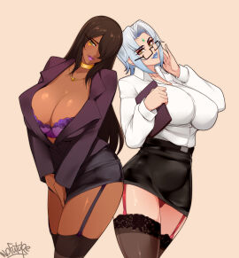 2girls artist_name big_breasts blue_lipstick breasts brown_hair clothing dark-skinned_female dark_skin egyptian eyelashes farah female female_only garter_straps glasses green_eyes hair_over_one_eye hi_res huge_breasts laquadia_(legend_of_queen_opala) legend_of_queen_opala light-skinned_female light_skin long_hair looking_at_viewer milf mole mole_above_mouth nofuture office_lady open_suit orange_eyes purple_lipstick shirt simple_background skirt smiling smiling_at_viewer stockings suit thick_thighs white_hair