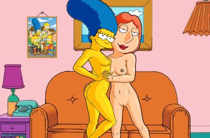 20th_century_fox 20th_century_studios 2girls bart_simpson blue_hair breasts cheating_wife crossover family_guy family_photo family_portrait female grabbing_ass holding_hands homer_simpson lisa_simpson lois_griffin looking_at_viewer maggie_simpson marge_simpson milf milfs multiple_females multiple_girls nude nude_female pussy red_hair red_lipstick santa's_little_helper santa_little_helper_(the_simpsons) the_simpsons yellow_body yellow_skin