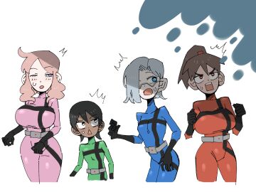 4_bodysuits 4girls alternate_breast_size blue_(tabasuko) blue_bodysuit bodysuit breasts female genderswap genderswap_(mtf) green_(tabasuko) green_bodysuit pink_(tabasuko) pink_bodysuit png red_(tabasuko) red_bodysuit rule_63 tabasuko_(artist) tagme