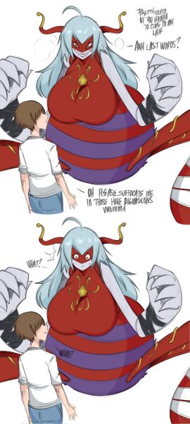 1boy 1girls ahoge arukenimon breasts breasts_bigger_than_head brown_hair color colored digimon digimon_(species) female funny gonzalo_costa grin horns huge_breasts human larger_female long_hair male mask saltyxodium sharp_teeth silver_hair size_difference smaller_male smiling spider very_high_resolution voluptuous voluptuous_female white_background