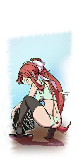 1girls breasts brown_hair busty doki_doki_literature_club fan female green_eyes hairbow hot light-skinned_female light_skin monika_(doki_doki_literature_club) panties ponytail projektxi01 sweat tank_top thighhigh_socks thighhighs underboob