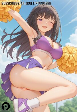 ;d ai_generated arm_up armpits ass bangs bare_arms bare_shoulders black_hair blush breasts cheerleader cleavage cleft_of_venus crop_top day female holding holding_pom_poms inoue_takina large_breasts long_hair looking_at_viewer lycoris_recoil midriff navel no_panties one_eye_closed open_mouth outdoors pikkiwynn pleated_skirt pom_pom_(cheerleading) purple_eyes purple_footwear purple_skirt pussy shoes skirt sky smile sneakers socks solo sports_bra stomach thighs uncensored white_socks