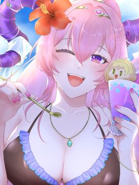 1girls ;d accessory alternate_costume bare_shoulders bikini black_bikini black_swimsuit breasts character-themed_food cleavage collarbone eyelashes female female_only fire_emblem fire_emblem_heroes flower food goat_horns hair_between_eyes hair_flower hair_ornament highres holding holding_food holding_ice_cream holding_spoon horns ice_cream jewelry large_breasts long_hair looking_at_viewer mochinyanta nail_polish necklace nerthuz_(fire_emblem) nintendo official_alternate_costume one_eye_closed open_mouth outdoors pink_hair pink_nails ponytail purple_eyes sharena_(fire_emblem) shoulders smile solo spoon swimsuit teeth upper_body upper_teeth wet wink