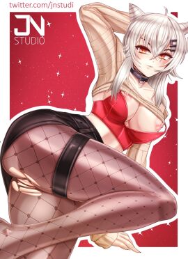 2d 2d_(artwork) ahoge ankle arm_up artist_name ass bangs big_breasts blush bra breasts collar cowboy_shot cowlick drill_hair exposed_nipples female fishnet_legwear fishnets grey_hair hair hair_accessory hair_between_eyes hairclip indie_virtual_youtuber jnstudio laying_down laying_on_side leg_up legband legs long_hair looking_at_viewer nipples orange_eyes pantyhose pose red_eyes ripped_clothing ripped_pantyhose saruei_(vtuber) shirt_lift silver_hair simple_background smile solo sports_bra stars tagme thick_thighs thighs twitch twitter_username virtual_youtuber vtuber