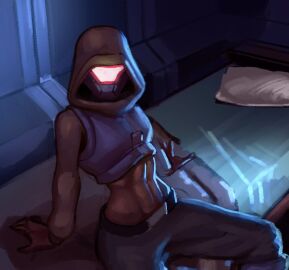 1girls 2024 abs bed bedroom bedroom_eyes blanket breasts clothed eye_contact female helmet hood mask midriff mixnmatt pillow railgunner_(risk_of_rain) risk_of_rain risk_of_rain_2 romantic sitting solo