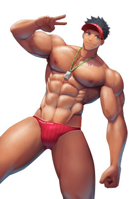 1boy abs absurd_res beauty_mark beefy biceps big_areola big_breasts big_bulge big_eyes black_hair blue_eyes breasts breasts_bigger_than_head broad_shoulders bulge bulge_through_clothing cap clenched_hand collarbone dutch_angle eight_pack frown gay gesture hi_res huge_breasts hunk lifeguard lifeguard_swimsuit looking_at_viewer male male_breasts male_only male_with_breasts manly mature_male meisho_hanten mole mole_on_breast mole_on_chin mole_on_stomach mole_under_eye muscles muscular muscular_arms muscular_legs muscular_male muscular_thighs navel oppai original original_character peace_sign pecs pubic_hair quadriceps short_hair six_pack slim_waist smile solo speedo spiky_hair standing swimsuit tan tan_body tanline thick_neck thong topless tough_guy triceps veiny_arms veiny_breasts veiny_legs very_high_resolution whistle whistle_around_neck white_background yaoi
