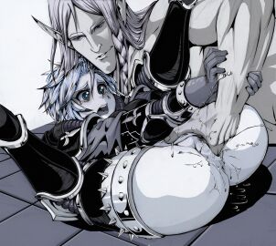 1boy 1girls abs adepta_sororitas aeldari ahe_gao arm_grab armor blue_eyes clothed_female_nude_male colored_skin couple eldar elf_ears female fingering fleur-de-lis highres imperium_of_man lewdanon long_hair male monochrome muscular muscular_male nude open_mouth pointy_ears ponytail power_armor rosary short_hair sister_of_battle smile spikes straight tattoo warhammer_(franchise) warhammer_40k white_background white_hair white_skin