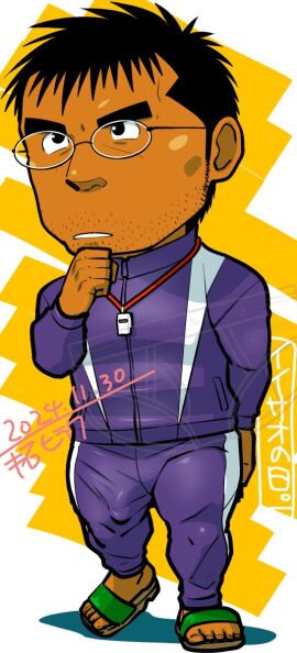 1boy 2024 black_hair bulge chibi clothed dated fully_clothed glasses japanese_text male male_only original p.e._teacher penis penis_outline sandals solo taku_hiraku teacher text thick_eyebrows translation_request whistle whistle_around_neck