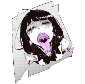 1girls ahe_gao bags_under_eyes black_bow black_hair black_sclera blush bow breasts female forked_tongue from_above karasu_raven monster monster_girl original purple_tongue school_uniform small_breasts teeth tongue tongue_out uvula