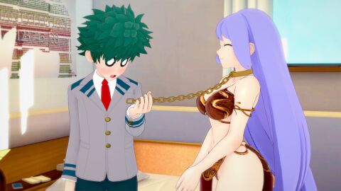 1boy 1girls 3d 3d_model 3d_render bare_arms bare_legs bare_midriff bare_shoulders bare_thighs bedroom bedroom_background bedroom_setting belly_button bikini bikini_top blue-haired_female blue_hair blush blushing_face books bra bracelet breasts brown_bikini brown_bikini_top brown_bra chain_leash chained_collar chained_up chains closed_eyes collar crossover crossover_cosplay curtains curtains_open eyelashes face_freckles female freckles freckles_on_face gold_(metal) gold_bracelets gold_buttons gold_collar gold_jewelry golden_bracelets golden_collar green-haired_male green_hair grey_jacket izuku_midoriya leash leash_and_collar leash_pull leashed_collar light-skinned_female light_skin loincloth long_hair male master_and_pet master_and_servant master_and_slave may_the_4th_be_with_you medium_breasts meta2012 midoriya_izuku midriff my_hero_academia navel nejire_hado pussy pussy_peek red_loincloth red_tie short_hair slave slave_bikini slave_collar slave_girl slave_leia_(cosplay) slave_outfit star_wars straight thick_thighs white_shirt window