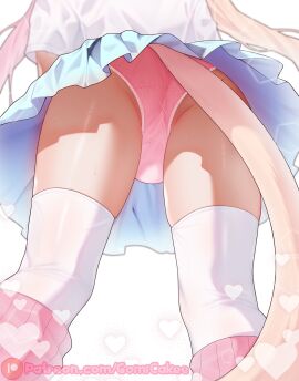 ass ass_focus below_view cat_boy cat_tail catboy crossdressing femboy gomi-cake lace-trimmed_panties lace_trim long_hair low-angle_view male male_only panties panty pantyshot skirt socks split-color_hair sweat thigh_highs thighhighs thighs upskirt