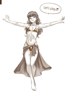 1dickgirl 1futa barefoot bikini bulge clothed clothing dialogue dickgirl elleciel.eud english_text fear_and_hunger fear_and_hunger:_termina feet female flaccid flat_chest flat_chested futanari gold_bikini human intersex long_hair marina_(fear_and_hunger) monochrome mostly_nude outstretched_arms penis pigtails spot_color standing tagme text trans_woman transfem