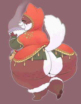 absurd_res anthro ass big_ass big_butt capcom cellulite closed_eyes clothed clothing elderly elderly_female eyewear felid felyne female glasses grammeowster_chef hi_res holding_object huge_ass huge_butt jigglyjuggle lynian mammal mature_anthro mature_female monster_hunter palico simple_background smile solo thick_thighs