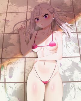 1girls anime black_clover breasts detailed_background earrings female large_breasts laying_on_ground noelle_silva pink_bikini purple_eyes seductive skru slim_waist sweat swimsuit tile_floor twintails white_hair