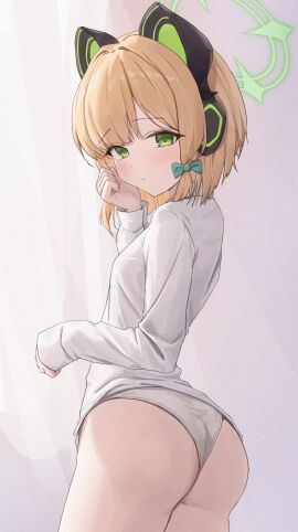 absurdres animal_ear_headphones animal_ears ass blonde_hair blue_archive blunt_bangs blush bow cat_ear_headphones cat_ears clenched_hand closed_mouth commentary cowboy_shot fake_animal_ears female from_behind frown green_bow green_eyes green_halo hair_intakes hairbow halo hand_up headphones highres looking_at_viewer looking_back midori_(blue_archive) no_pants panties shirt short_hair sidelocks sleeves_past_wrists solo springrain_06 thighs underwear white_panties white_shirt