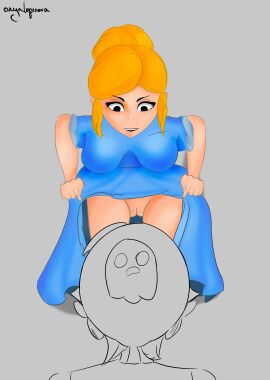 1boy 1girls anyalopa blue_clothing brawl_stars colored dress female gus_(brawl_stars) highres line_art male piper_(brawl_stars) pussy submission_by_piper_(brawl_stars) yellow_hair
