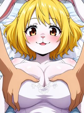 1boy1girl ai_generated animated big_breasts blonde_hair carrot_(one_piece) faceless_male furry_female looking_at_viewer on_back on_bed one_piece steamy_breath tagme video white_body