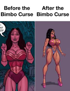 alternate_costume before_and_after big_breasts bimbo bimbo_lips bimbofication black_hair breasts dc dc_comics female female_only high_heels personality_change theofficialpit transformation wonder_woman wonder_woman_(series)