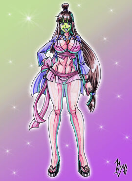 1girls 2018 2d 2d_(artwork) 2d_artwork alternate_body_type alternate_breast_size alternate_costume asian asian_clothes asian_clothing asian_female bare_legs big_breasts big_hair black_eyes black_hair blue_eyeshadow blush bracelet bracelets breasts brown_eyes brown_hair busty capcom cleavage cleavage_cutout clothed clothed_female clothes clothing color colored curvaceous curvaceous_body curvaceous_female curvaceous_figure curvaceous_hips curves curvy curvy_body curvy_female curvy_figure exposed_midriff exposed_muscle eyebrows eyebrows_visible_through_hair eyelashes eyeshadow fanart female female_focus female_only front_view full_body gyakuten_saiban hair_accessory hair_bun hair_ornament hand_on_hip hi_res high_resolution highres hips hips_wider_than_shoulders hourglass_figure human human_only kimono kyo-domesticfucker large_breasts large_hips legs light-skinned_female light_skin lips long_hair looking_at_viewer magatama magatama_necklace makeup mask masked masked_female maya_fey muscles necklace nipples_bulge nipples_visible_through_clothing no_bra pearl_necklace pearls pink_bow pink_kimono pink_lips pink_lipstick pink_ribbon pinup purple_kimono sandals short_skirt short_top short_topwear signature simple_background smile smiling smiling_at_viewer smiling_face solo solo_female solo_focus standing the_mask waist waist_ribbon watermark wide_hips