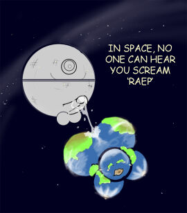 after_orgasm after_sex balls bodily_fluids breasts cloud comic_sans crying cum cum_inside cum_string death_star duo earth english_text female genital_fluids genitals humanoid_genitalia humanoid_penis joke_art male male/female nipples pandottermon penis planet shitpost space star star_wars tears text what