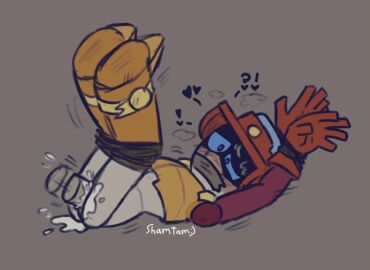 ass brawl_stars covered_mouth cum_in_ass cum_on_floor hands_tied_above_head larry_(brawl_stars) legs_tied legs_up lying male male/male penetration penis penis_in_ass robot shamtam