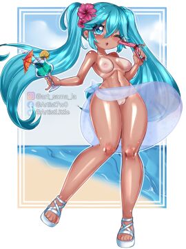 1girls 2d 2d_(artwork) aqua_eyes aqua_hair artist_request beach bikini black_eyebrows blue_eyes blue_hair blush blush_lines cute cute_face female hair_ornament hatsune_miku shiny_skin summer tan_body tan_lines tan_skin topless topless_female twintails vocaloid