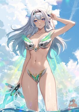1boy 1girls arm_up armor armpits bare_shoulders bikini bikini_armor binoculars black_hairband blue_pupils blue_sky breasts caelus_(honkai:_star_rail) cleavage cloud collarbone commentary_request day female firefly_(honkai:_star_rail) grey_hair groin hair_intakes hair_ornament hairband helloimtea highres holding holding_binoculars holding_sword holding_weapon honkai:_star_rail honkai_(series) lens_flare long_hair looking_at_viewer male medium_breasts navel ocean outdoors paid_reward_available parted_lips partial_commentary purple_eyes sky stomach strapless strapless_bikini swimsuit sword thighs trailblazer_(honkai:_star_rail) two-tone_eyes wading water weapon