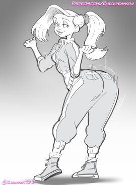 1girls 2025 2d artist_name ass bedroom_eyes big_ass big_butt butt chickpea courtney_babcock cropped_sweater digital_drawing_(artwork) female female_only gradient_background grey_background grey_theme greyscale huge_ass huge_butt looking_at_viewer looking_back monochrome non-nude paranorman ponytail rear_view sfw simple_background solo standing sweatpants tied_hair twerking