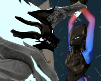 1boy 1girls 3d armored_lynx_(fortnite) arms_above_head arms_up bradtheastroman cerberus_(fortnite) clothed female fortnite glowing glowing_eyes holding_arms_up holding_wrists lynx_(fortnite) male pinned_to_wall pinning_arms restrained_arms sfw source_filmmaker